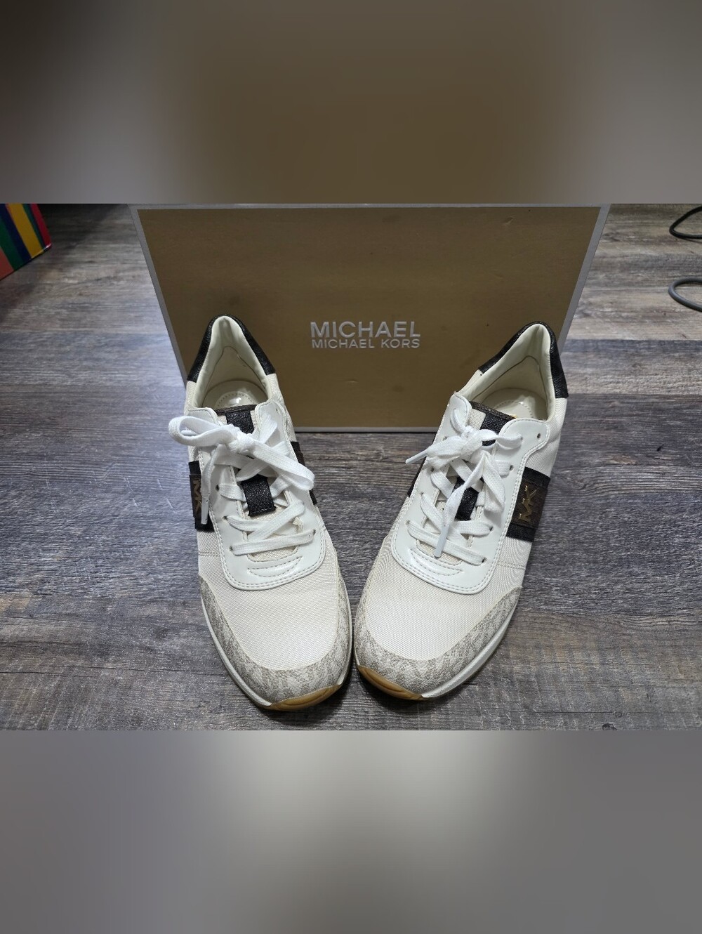 Michael Kors Womens White Sneakers with DARK BROWN Accents